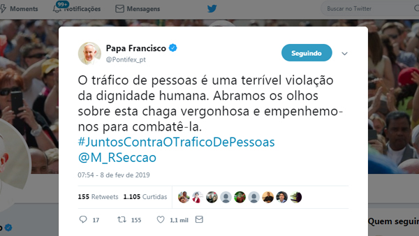 Papa pede empenho no combate ao tráfico humano Papa pede empenho no combate ao tráfico humano
